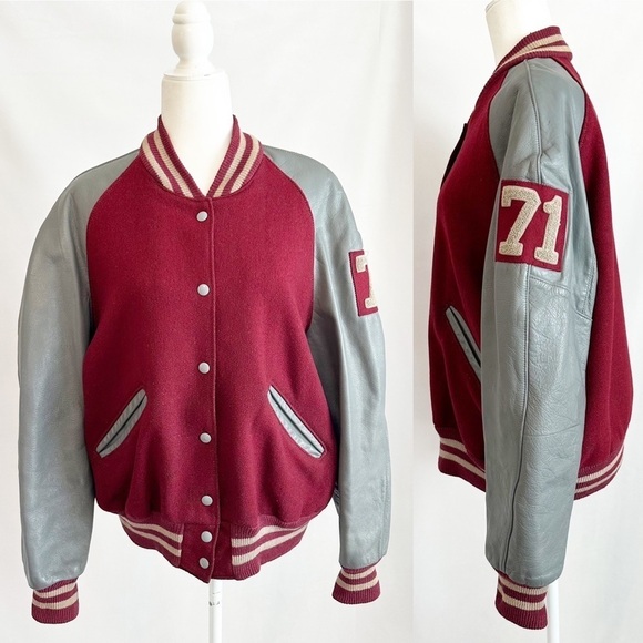 Vintage Other - Vintage 50s Leather Wool 71 Varsity Letterman Jacket Snap Button Burgundy 42 Med